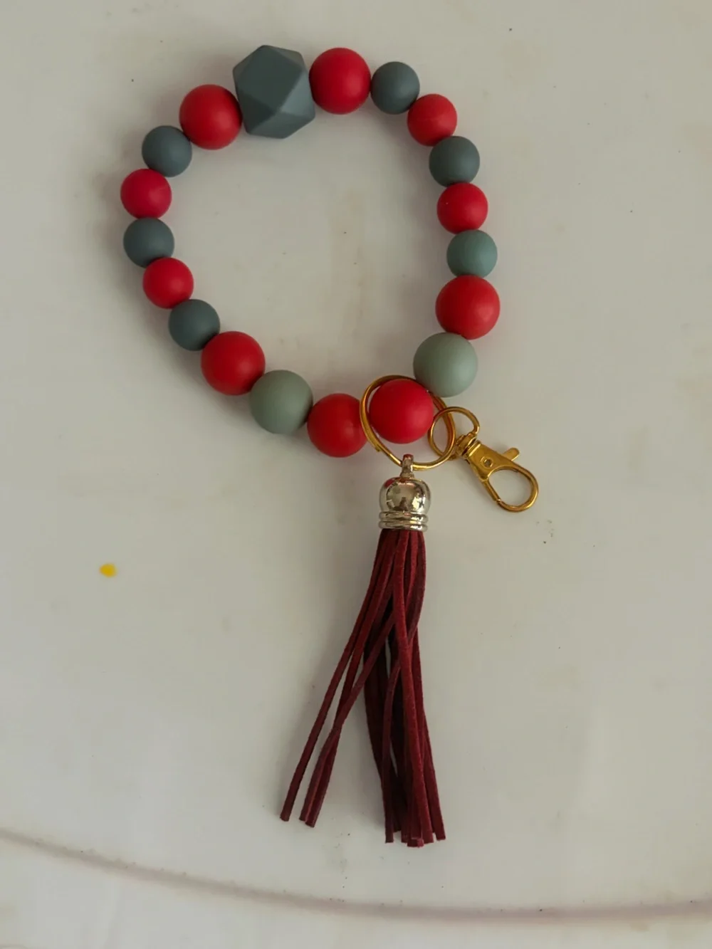 Beaded Wristlet Keychain with Tassel - Red, Sage, Gray